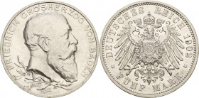 Baden
Friedrich I. 1856-1907 5 Mark 1902 (G) Regierungsjubiläum Jaeger 31 Fast Stempelglanz/Stempelglanz