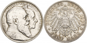 Baden
Friedrich I. 1856-1907 5 Mark 1906 (G) Goldene Hochzeit Jaeger 35 Min. Randfehler, fast Stempelglanz
