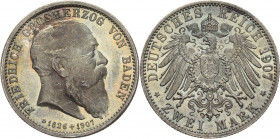 Baden
Friedrich I. 1856-1907 2 Mark 1907 (G) Auf seinen Tod Jaeger 36 Prachtexemplar mit herrlicher Patina. Polierte Platte-