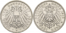 Lübeck
 3 Mark 1910 A Jaeger 82 Kl. Randfehler, vorzüglich-Stempelglanz