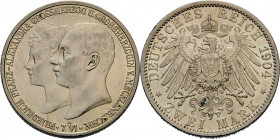Mecklenburg-Schwerin
Friedrich Franz IV. 1897-1918 2 Mark 1904 A Hochzeit Jaeger 86 Kl. Randfehler, fast vorzüglich/vorzüglich-Stempelglanz