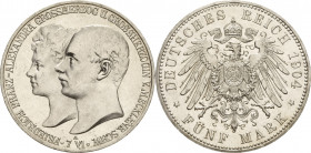 Mecklenburg-Schwerin
Friedrich Franz IV. 1897-1918 5 Mark 1904 A Hochzeit Jaeger 87 Vom Erstabschlag. Avers kl. Kratzer, vorzüglich-Stempelglanz/Stem...