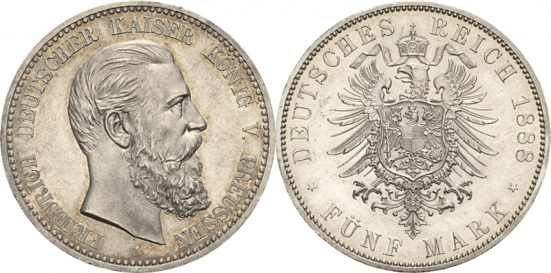 Preußen
Friedrich III. 1888 5 Mark 1888 A Jaeger 99 Kl. Randfehler, vorzüglich-...