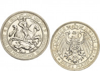 Preußen
Wilhelm II. 1888-1918 3 Mark 1915 A Mansfeld Jaeger 115 Kl. Randfehler, fast Stempelglanz