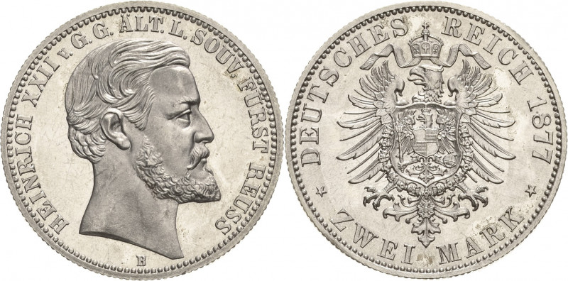 Reuss-Ältere Linie
Heinrich XXII. 1859-1902 2 Mark 1877 B Jaeger 116 Prachtvoll...