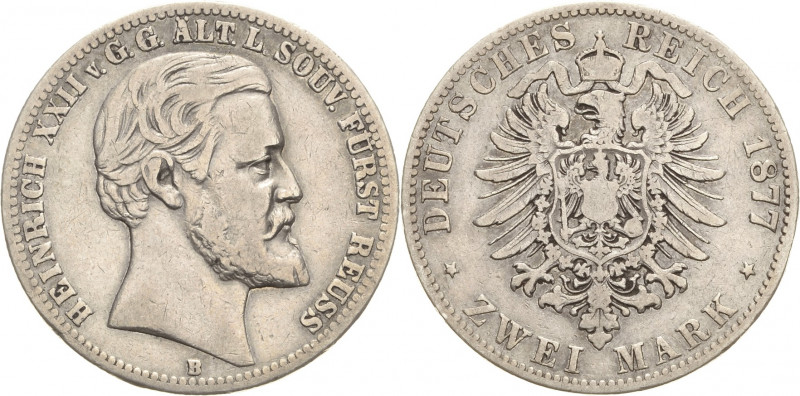 Reuss-Ältere Linie
Heinrich XXII. 1859-1902 2 Mark 1877 B Jaeger 116 Schön-sehr...