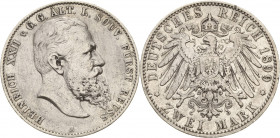 Reuss-Ältere Linie
Heinrich XXII. 1859-1902 2 Mark 1899 A Jaeger 118 Avers bearbeitet, fast sehr schön/sehr schön