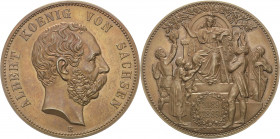 Sachsen
Albert 1873-1902 5-Mark-Größe 1889 E 800 Jahre Haus Wettin. Kupfer. Im Originaletui mit Aufdruck (leicht bestoßen) Jaeger 123 a Äußerst selte...