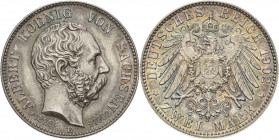 Sachsen
Albert 1873-1902 2 Mark 1902 E Auf seinen Tod Jaeger 127 Herrliche Patina, fast Stempelglanz