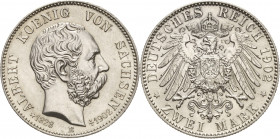 Sachsen
Albert 1873-1902 2 Mark 1902 E Auf seinen Tod Jaeger 127 Kl. Kratzer, fast Stempelglanz/Stempelglanz