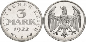 Ersatz und Inflationsmünzen 1919-1923
3 Mark 1922 E Jaeger 302 Selten in dieser Erhaltung. Revers kl. Kratzer, Polierte Platte