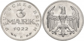 Ersatz und Inflationsmünzen 1919-1923
 3 Mark 1922 E Lichterader Prägung Jaeger 302 Sehr selten. Vorzüglich-prägefrisch
