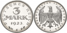 Kleinmünzen
 3 Mark 1923 E Jaeger 303 Avers kl. Schrötlingsfehler, Polierte Platte