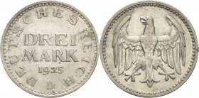 Kleinmünzen
 3 Mark 1925 D Jaeger 312 Selten. Sehr schön