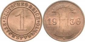 Kleinmünzen
 1 Reichspfennig 1936 D Jaeger 313 Prachtvolles Exemplar. Stempelglanz