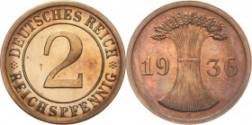 Kleinmünzen
 2 Reichspfennig 1936 E Jaeger 314 Sehr selten in dieser Erhaltung. Prachtexemplar. Polierte Platte