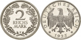 Kleinmünzen
2 Reichsmark 1925 F Jaeger 320 Sehr seltenes und prachtvolles Exemplar. Min berührt, Polierte Platte