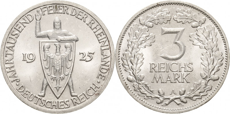 Gedenkausgaben
 3 Reichsmark 1925 A Rheinlande Jaeger 321 Vorzüglich-Stempelgla...