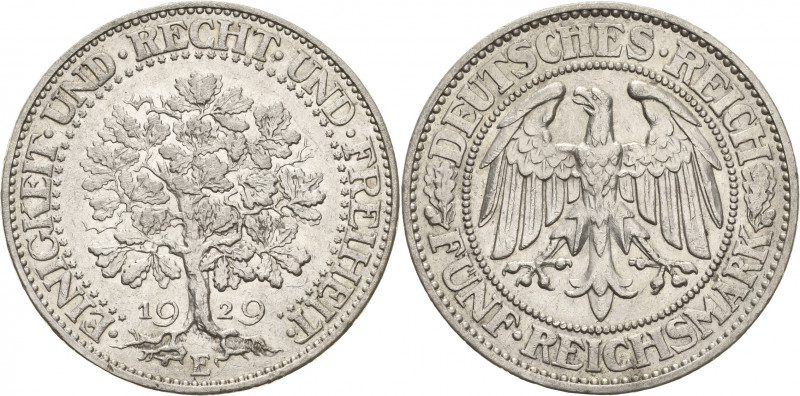 Gedenkausgaben
 5 Reichsmark 1929 E Eichbaum Jaeger 331 Selten. Fast vorzüglich...