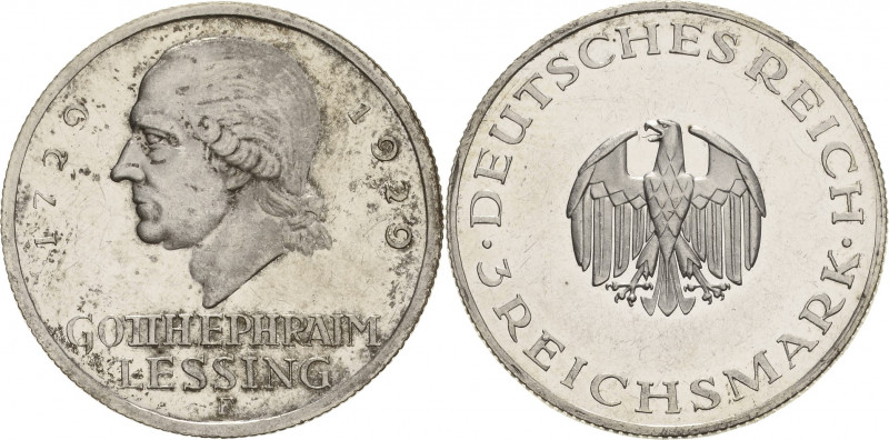 Gedenkausgaben
 3 Reichsmark 1929 F Lessing Jaeger 335 Vom poliertem Stempel Kl...