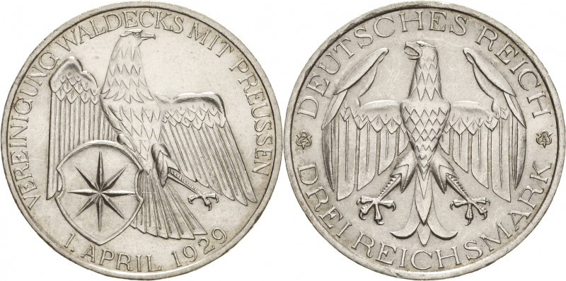 Gedenkausgaben
 3 Reichsmark 1929 A Waldeck Jaeger 337 Vorzüglich-Stempelglanz