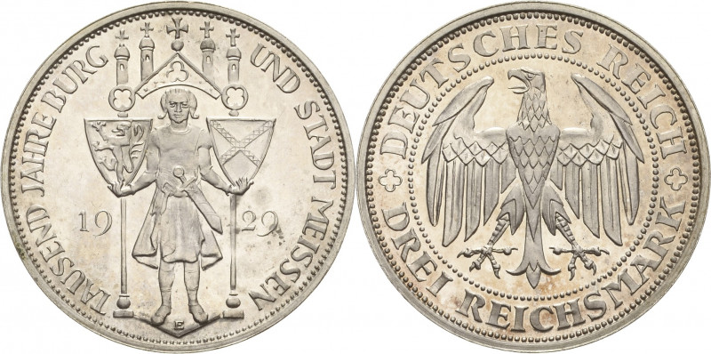 Gedenkausgaben
 3 Reichsmark 1929 E Meißen Jaeger 338 Avers leicht berieben, Po...