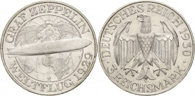 Gedenkausgaben
 3 Reichsmark 1930 E Zeppelin Jaeger 342 Kl. Kratzer, vorzüglich-Stempelglanz