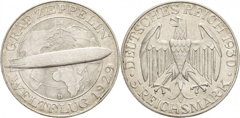 Gedenkausgaben
 5 Reichsmark 1930 D Zeppelin Jaeger 343 Vorzüglich-Stempelglanz...