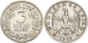 Gedenkausgaben
 3 Reichsmark 1931 E Kursmünze Jaeger 349 Revers kl. Kratzer, vorzüglich
