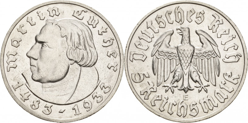 Gedenkausgaben
 5 Reichsmark 1933 E Luther Jaeger 353 Kl. Randfehler, fast vorz...