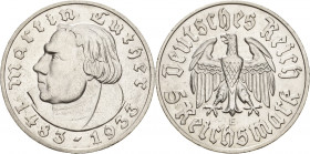 Gedenkausgaben
 5 Reichsmark 1933 E Luther Jaeger 353 Kl. Randfehler, fast vorzüglich/vorzüglich