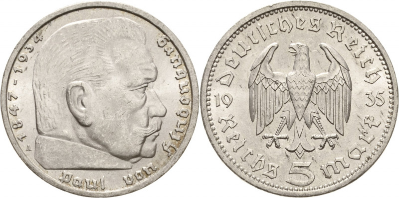 Gedenkausgaben
 5 Reichsmark 1935 A Hindenburg Jaeger 360 Fast Stempelglanz