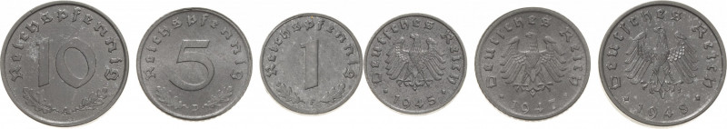 1 Reichspfennig 1945 F 5 Reichspfennig 1947 D, 10 Reichspfennig 1948 A 3 Stück. ...