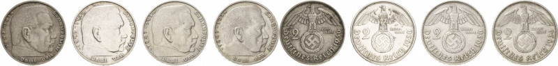 Drittes Reich
Lot-4 Stück 2 Reichsmark - 1936 D, E, G und J Hindenburg Sehr sch...