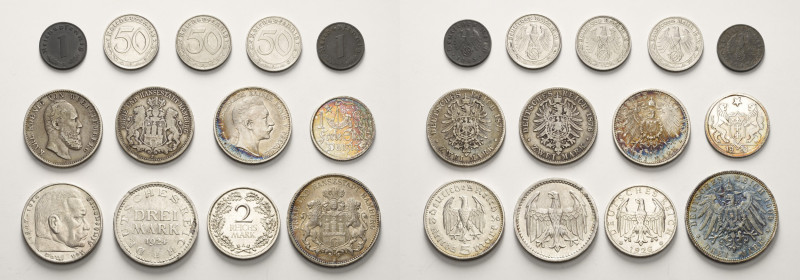 Allgemeine deutsche Gebiete
Lot-13 Stück Hamburg 3 Mark 1909. 2 Mark 1876. Preu...