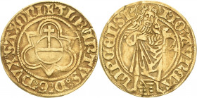 Sachsen-Kurlinie ab 1486 bis 1547 (Ernestiner)
Albrecht (1464) 1485-1500 Goldgulden o.J. (1485/1500), Kreuz-Leipzig Reichsapfel in Dreipass, ALBERTVS...