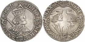 Sachsen-Kurlinie ab 1486 bis 1547 (Ernestiner)
Friedrich III., Johann und Georg 1507-1525 Guldengroschen o.J. Avers kleines Kreuz-Annaberg Klappmütze...