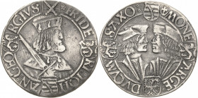 Sachsen-Kurlinie ab 1486 bis 1547 (Ernestiner)
Friedrich III., Johann und Georg 1507-1525 Guldengroschen o.J. Revers Kreuz über Halbmond-Leipzig Klap...