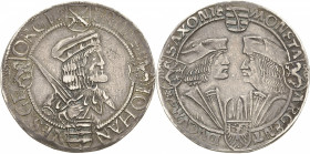 Sachsen-Kurlinie ab 1486 bis 1547 (Ernestiner)
Friedrich III., Johann und Georg 1507-1525 Guldengroschen o.J. o.Mzz.-Annaberg Klappmützentaler. Typ m...