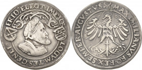 Sachsen-Kurlinie ab 1486 bis 1547 (Ernestiner)
Friedrich III. der Weise 1486-1525 1/4 Guldengroschen 1507, Nürnberg Übertragung der Generalstatthalte...