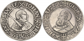 Sachsen-Kurlinie ab 1486 bis 1547 (Ernestiner)
Johann Friedrich und Georg 1534-1539 Guldengroschen 1535, Morgenstern-Annaberg Brustbild mit langem Ba...