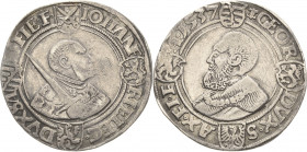 Sachsen-Kurlinie ab 1486 bis 1547 (Ernestiner)
Johann Friedrich und Georg 1534-1539 Guldengroschen 1537, Doppellilie-Freiberg Keilitz 129 Schnee 73 D...