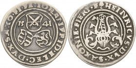 Sachsen-Kurlinie ab 1486 bis 1547 (Ernestiner)
Johann Friedrich und Heinrich 1539-1541 1/4 Guldengroschen 1541, Lindenblatt-Freiberg Keilitz 160 Keil...