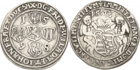 Sachsen-Weimar (Alt-Weimar) 1572-1603
Friedrich Wilhelm und Johann 1573-1602 1/4 Taler 1598, o. Mzz.-Saalfeld Sog. Pesttaler. Fünf ins Kreuz gestellt...