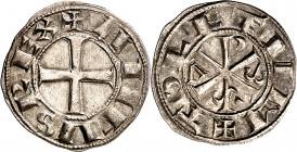 Alfonso VI (1073-1109). Toledo. Dinero. (M.M. A6:8.1) (Imperatrix A6:8.3, mismo ejemplar) (AB. 5.7). Muy bella. Esta moneda y la siguiente son monedas...