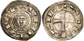 Urraca (1109-1126). Toledo. Dinero. (Imperatrix U1:1.15 (50), mismo ejemplar) (AB. 11.1). Ligeramente alabeada. Bella. Rara y más así. 1,20 g. EBC.