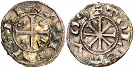 Alfonso VII (1126-1157). Toledo. Dinero. (Imperatrix A7:1.14, mismo ejemplar) (AB. 57 var). Concreciones. Extraordinariamente rara. 1 g. (MBC+).