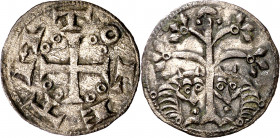 Alfonso VII (1126-1157). Toledo. Dinero. (M.M. A7:14.2, mismo ejemplar) (Imperatrix A7:14.2, mismo ejemplar) (AB. 92 var). Muy bella. Ex Colección Oro...
