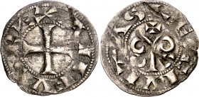 Alfonso VII (1126-1157). León. Dinero. (M.M. A7:18.4, mismo ejemplar) (Imperatrix A7:18.4, mismo ejemplar) (AB. 45). Limpiada. Pátina oscura. Muy rara...