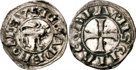 Alfonso VII (1126-1157). Santiago de Compostela. Dinero. (Imperatrix A7:24.3, mismo ejemplar) (AB. falta). Concreciones superficiales. Atractiva. Rarí...